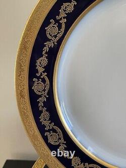 Antique T&V Limoges France Cobalt Blue and Gold Embossed Dinner Plates Set of 9