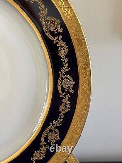 Antique T&V Limoges France Cobalt Blue and Gold Embossed Dinner Plates Set of 9