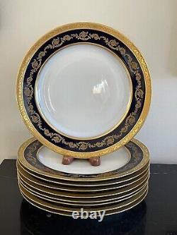 Antique T&V Limoges France Cobalt Blue and Gold Embossed Dinner Plates Set of 9