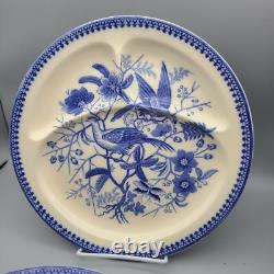 Antique Villeroy & Boch set (4) divided plates blue white Mettlach Fasan 10.75