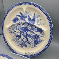 Antique Villeroy & Boch set (4) divided plates blue white Mettlach Fasan 10.75