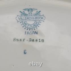 Antique Villeroy & Boch set (4) divided plates blue white Mettlach Fasan 10.75