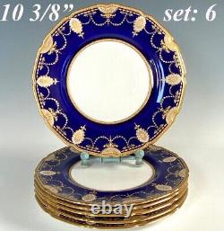 Antique c. 1940 Royal Doulton 6pc Cobalt & Raised Gold Enamel Encrusted Plates