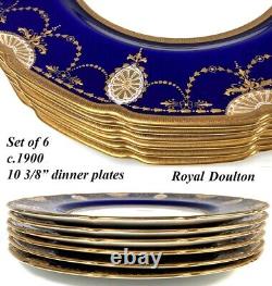 Antique c. 1940 Royal Doulton 6pc Cobalt & Raised Gold Enamel Encrusted Plates