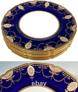 Antique c. 1940 Royal Doulton 6pc Cobalt & Raised Gold Enamel Encrusted Plates