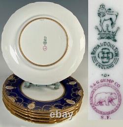 Antique c. 1940 Royal Doulton 6pc Cobalt & Raised Gold Enamel Encrusted Plates