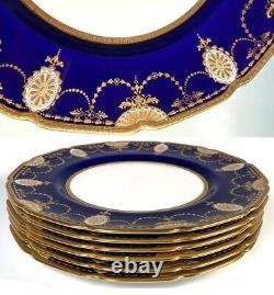 Antique c. 1940 Royal Doulton 6pc Cobalt & Raised Gold Enamel Encrusted Plates