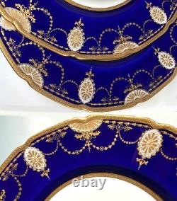 Antique c. 1940 Royal Doulton 6pc Cobalt & Raised Gold Enamel Encrusted Plates