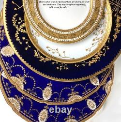 Antique c. 1940 Royal Doulton 6pc Cobalt & Raised Gold Enamel Encrusted Plates