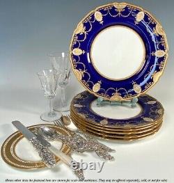 Antique c. 1940 Royal Doulton 6pc Cobalt & Raised Gold Enamel Encrusted Plates