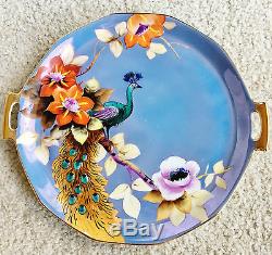 Art Deco Noritake Marked Peacock Feather Lusterware Handled Plate/Cake Plate