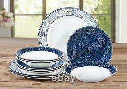 Blue 12 Pieces Stoneware Porcelain Crockery Dinner Set Plates Bowls Dinnerware