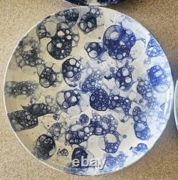 Blue Bubble Glaze Round Plates/Serveware 10.75 Set 4 Banquet Porcelain Rare