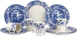 Blue Italian Brocato 12 Piece Dinnerware Set Service for 4 with Earthenware Di