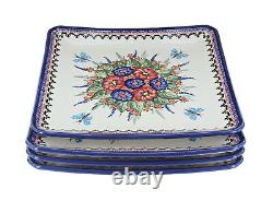 Blue Rose Polish Pottery Floral Butterfly Square Dinner Plate Set