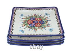 Blue Rose Polish Pottery Floral Butterfly Square Dinner Plate Set