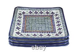 Blue Rose Polish Pottery Mosaic Flower Square Dinner Plate Set