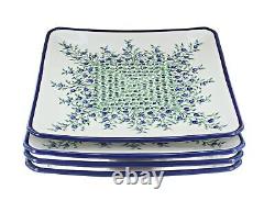 Blue Rose Polish Pottery Porcelain Vine Square Dinner Plate Set