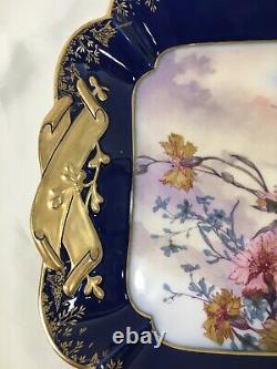 C1887 H&Co DEPOSE Haviland France 17 Cobalt/Gold SCENIC FLORAL & SKY PLATTER