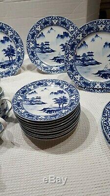 China Canton Blue China Set 7 Dinner Plates, 10 Salad Plates 15 Bowls & 12 Cups