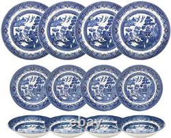 Churchill Blue Willow Dinner Plates, Salad Plates and Coupe Bowls 12 Piece Dinne