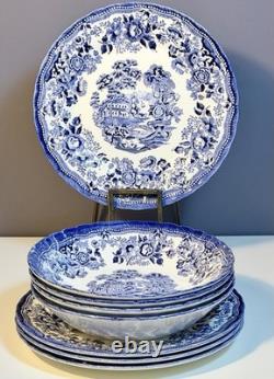 Churchill Queen's Tonquin Blue England 8pc 10Dinner Plates & 8.75 Pasta Bowls