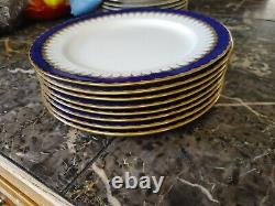 Coalport Spearpoint Cobalt Blue Gilt Dinner Plates Set Of 8