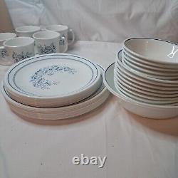 Corelle Corning Dinnerware COLONIAL MIST 37 pc Set Blue Floral Mugs Plates Bowls