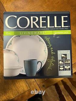 Corelle GARDEN LACE New Sealed Box Turquoise Blue 16-pc Plates Cups Bowls