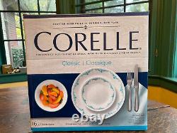 Corelle GARDEN LACE New Sealed Box Turquoise Blue 16-pc Set Plates Cups Bowls