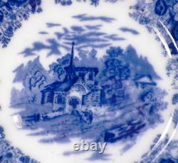 Country Scenes Flow Blue Plate England Church Village Antique Porcelain 9 Inch