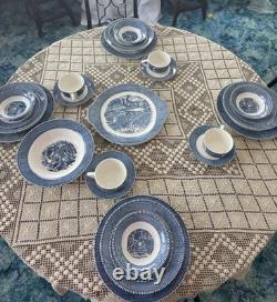Currier & Ives Blue Dinnerware Set 4 Place Settings 24 Pc. & 2 Serving Royal USA