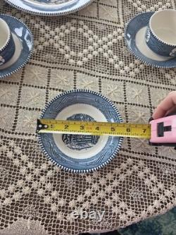 Currier & Ives Blue Dinnerware Set 4 Place Settings 24 Pc. & 2 Serving Royal USA