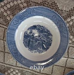 Currier & Ives Blue Dinnerware Set 4 Place Settings 24 Pc. & 2 Serving Royal USA