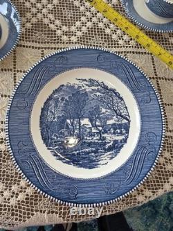 Currier & Ives Blue Dinnerware Set 4 Place Settings 24 Pc. & 2 Serving Royal USA