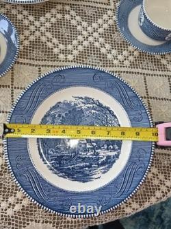 Currier & Ives Blue Dinnerware Set 4 Place Settings 24 Pc. & 2 Serving Royal USA