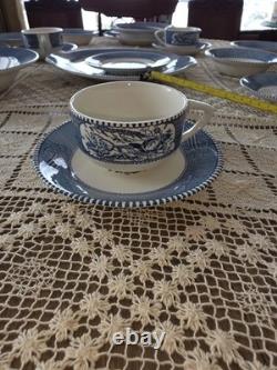 Currier & Ives Blue Dinnerware Set 4 Place Settings 24 Pc. & 2 Serving Royal USA