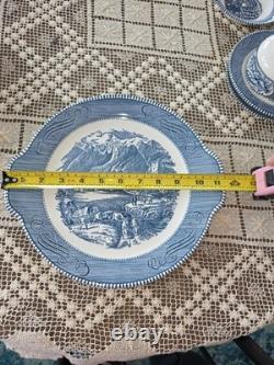 Currier & Ives Blue Dinnerware Set 4 Place Settings 24 Pc. & 2 Serving Royal USA