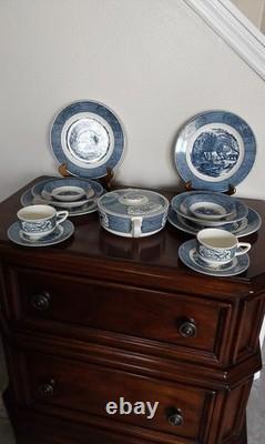 Currier & Ives Blue Royal The Old Grits MILL -14 Pieces