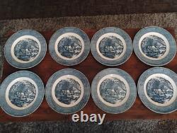 Currier and Ives 10-inch Dinner Plates Royal Blue, the Old Grist Mill Set of 8