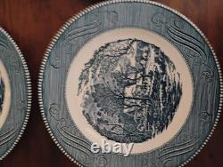 Currier and Ives 10-inch Dinner Plates Royal Blue, the Old Grist Mill Set of 8