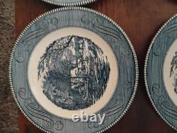 Currier and Ives 10-inch Dinner Plates Royal Blue, the Old Grist Mill Set of 8