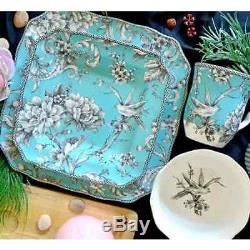 Dinnerware Service Set 16 Piece Porcelain Turquoise Dishes Plates Bowl Mug Bird