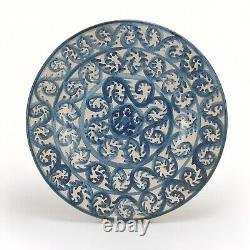 Dorchester Pottery scroll dinner plate 10 5/8 dia. Blue & white stoneware CAH