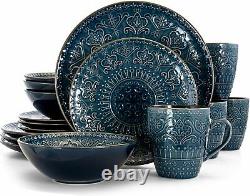 Elama Round Stoneware Embossed Dinnerware Dish Set, 16 Piece, Sea Blue with Trim