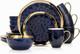 Elegant 16-Piece Porcelain Dinnerware Set for 4 Dark Blue & Gold Rim