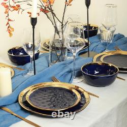 Elegant 16-Piece Porcelain Dinnerware Set for 4 Dark Blue & Gold Rim