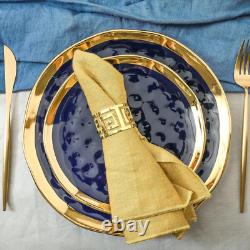 Elegant 16-Piece Porcelain Dinnerware Set for 4 Dark Blue & Gold Rim