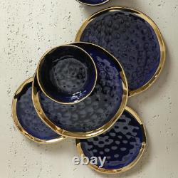 Elegant 16-Piece Porcelain Dinnerware Set for 4 Dark Blue & Gold Rim