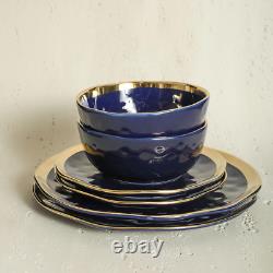 Elegant 16-Piece Porcelain Dinnerware Set for 4 Dark Blue & Gold Rim